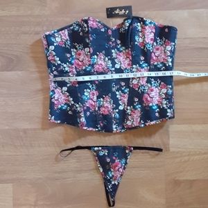 NWT Floral Denim Bustier Corset Thong Lingerie Set